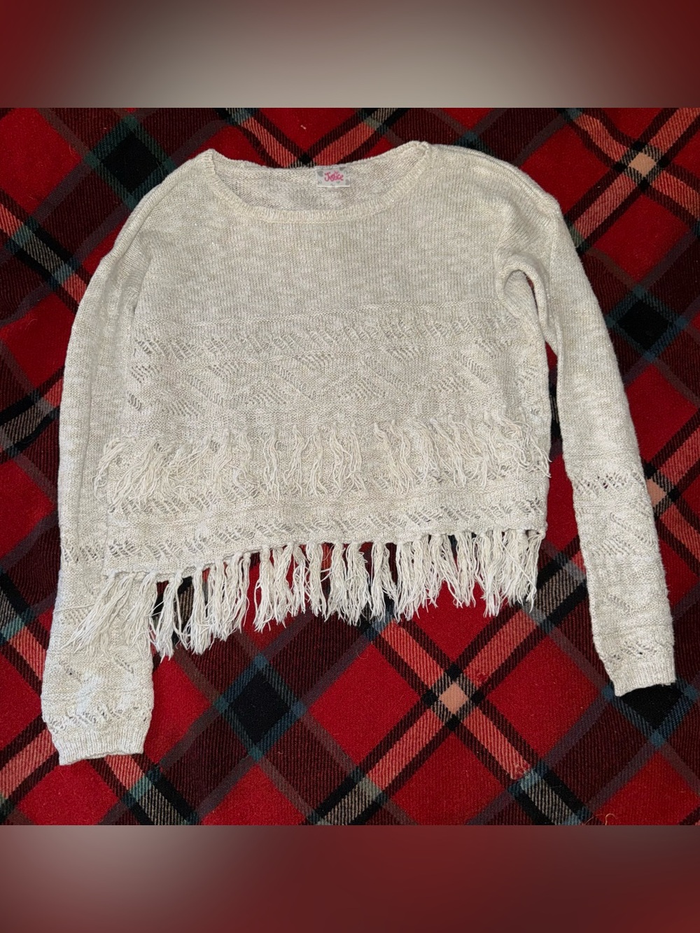 Justice Cream Fringe Knit Sweater